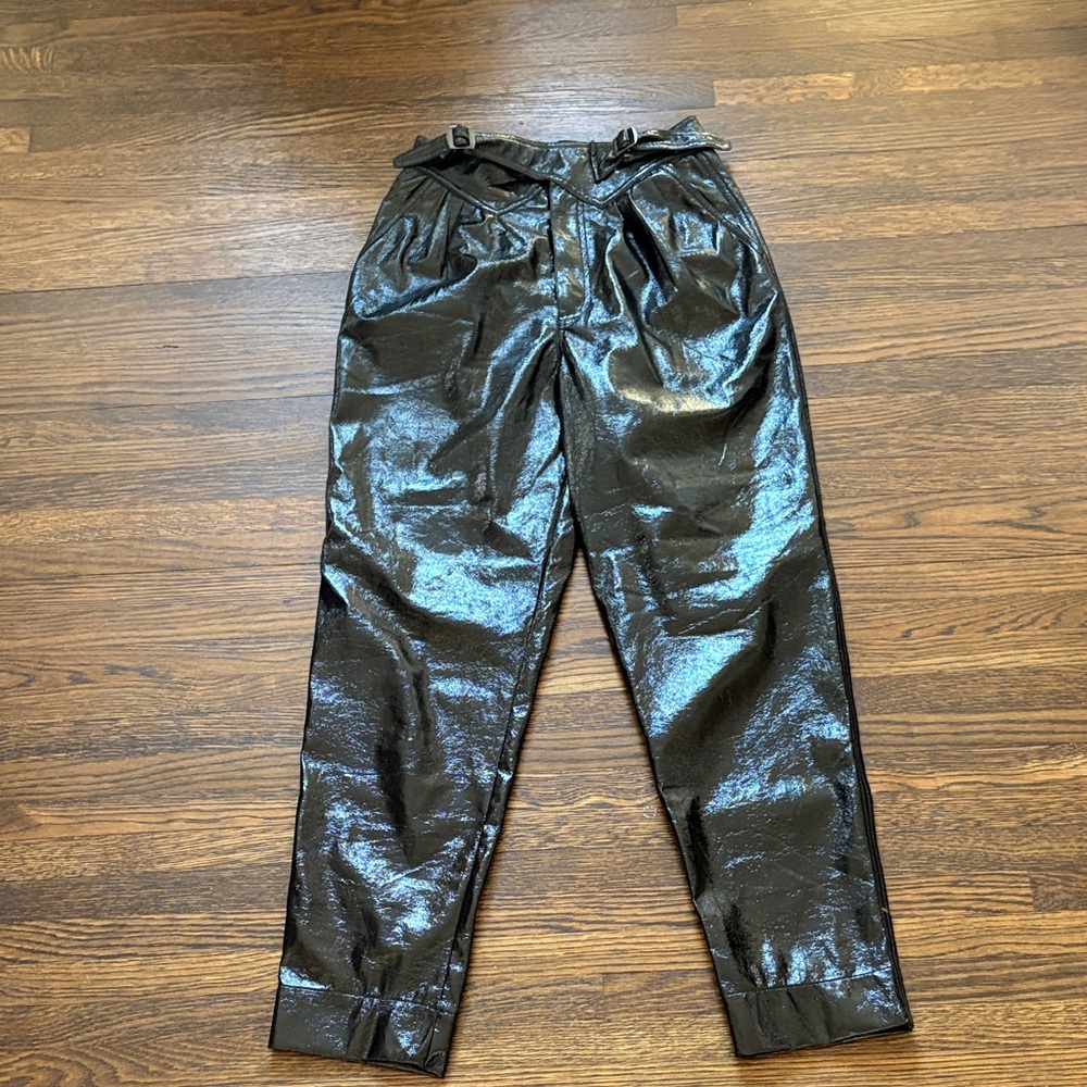 Shiny Black High-Waisted Pants with Belt